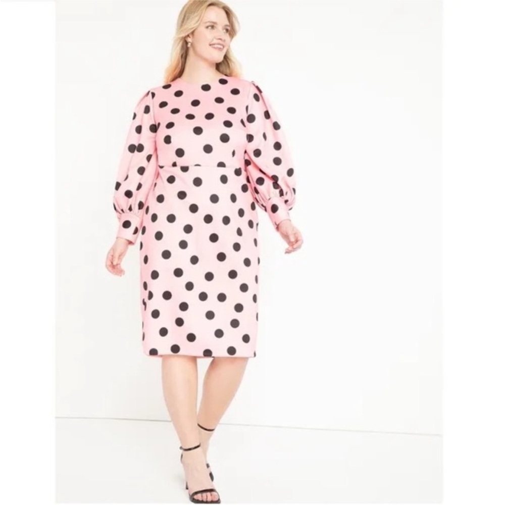 NWT Eloquii Pink & Black Polka Dot Dress with Bishop Sleeves